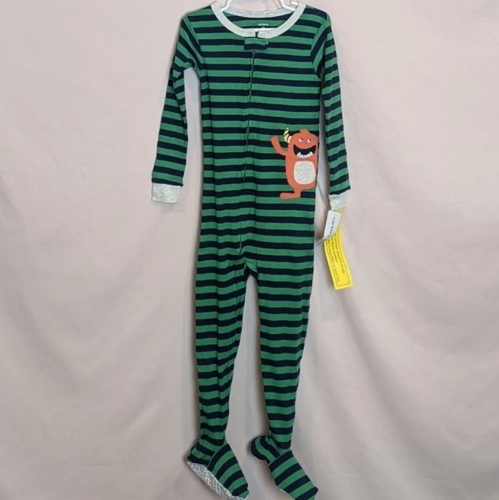 Carter's Green and Blue Striped Monster One Piece Footie Pajamas size 4T